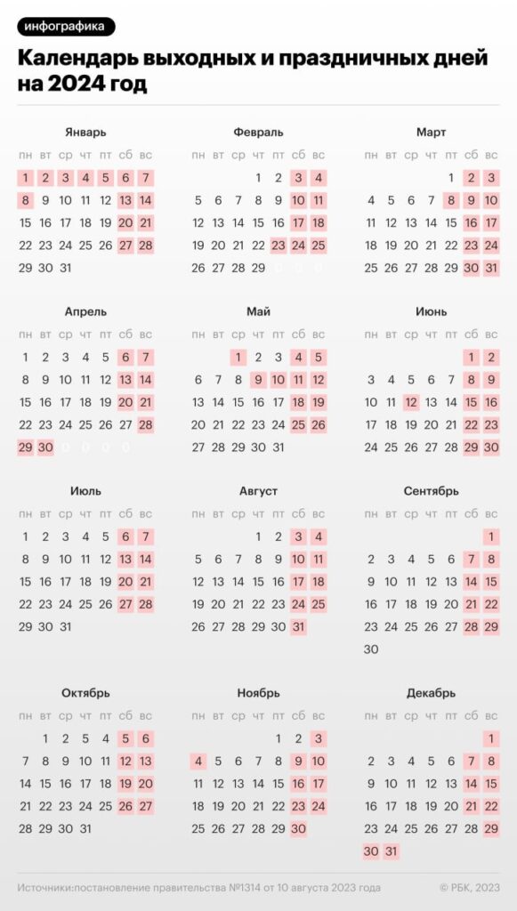 Календарь выходных и праздничный дней на 2024 год